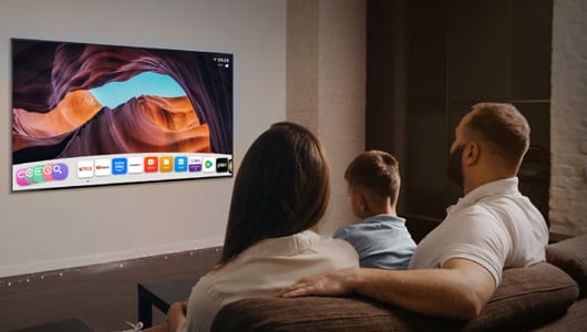 A family enjoying time together on a couch, watching a television screen filled with different app selections